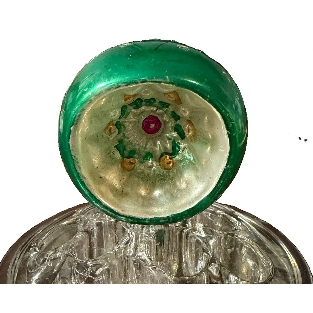 Vintage Japan Glass Indent Reflector Christmas Ornament Green Floral MCM 2
